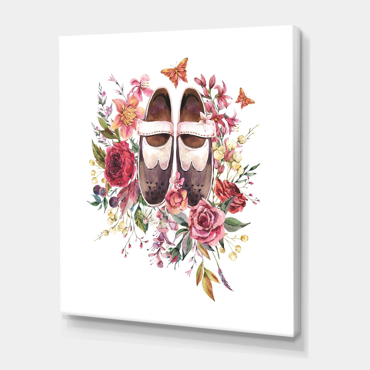 Designart - Vintage Oxford Shoes With Wildflowers - Farmhouse Canvas Wall Art Print